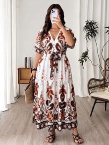 Lacomfia Plus Size Elegant Lace Patchwork Cinched Waist Dress, Casual Vacation Daily Wear Gym Brown Summer - White - View 6
