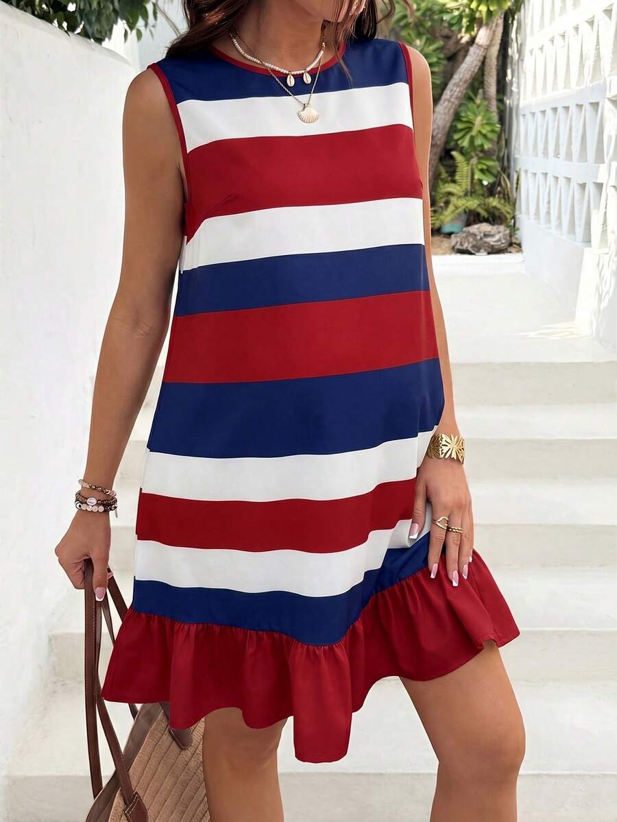 SHEIN Maternity Summer Casual Vacation Daily Commute Contrast Color Striped Print Sleeveless Ruffle Hem Dress - Red and White - View 1