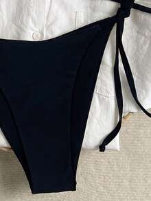 Swim Mod Solid Color Triangle Cup Halter Bikini Set, Tie-Up Low Waist Swimwear, Backless Tankini, Suitable For Beach, Hot Spring, Photo Shooting, Swimming - Black - View 7