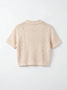 lacRébo Beige Crochet Knit Short Sleeve Button Front Top With Oversized French Sexy Beaded Cute Collar Boho Vintage Autumn Holiday Cotton Golf Brunch - Apricot - View 7