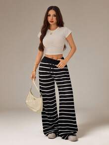 SHEIN Tall Bộ áo len và quần nữ kiểu dáng thường ngày, họa tiết sọc đen trắng, thắt nút xoắn. - màu đen - Xem 6