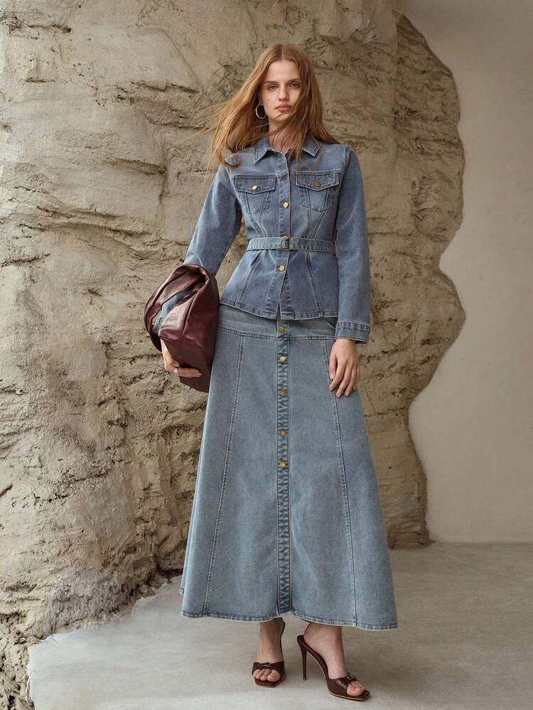 LONG DENIM SKIRT, FASHIONABLE FOR EVERYDAY URBAN WEAR, SPRING/SUMMER