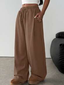 SHEIN Teen Girl Knitted Loose Casual Drawstring Pocket Wide Leg Sweatpants In Light Brown - Brown - View 4