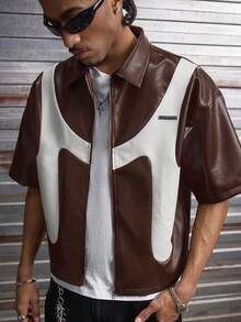 AXEPEAK Men's Fashionable Contrast Color Zip-Up Short Sleeve Shirt, Summer - Coffee Brown - View 5