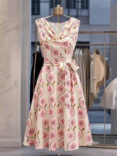 GlowEve CURVE Elegant Floral Print Draped Neck Sleeveless Plus Size Dress For Women, Spring/Summer