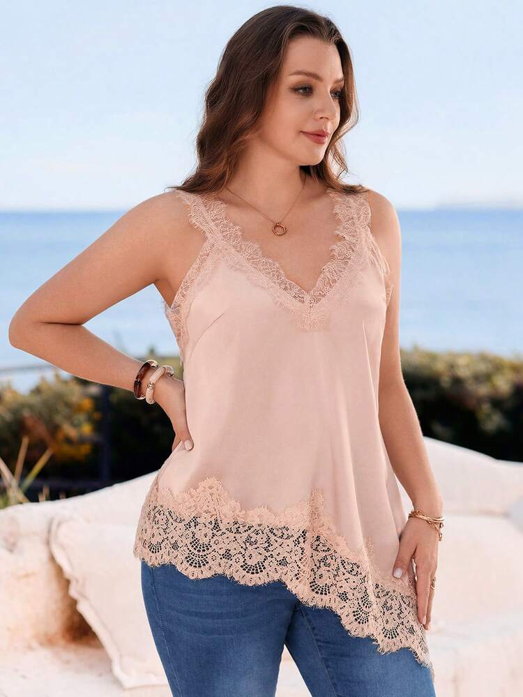 Plus Size Women Solid Color Contrast Lace Fashion Camisole