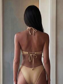 Costavie 2-Piece Floral Sequin Textured Bandeau Bikini Set, Sexy Swimwear For Women, Spring/Summer - Gold - View 2