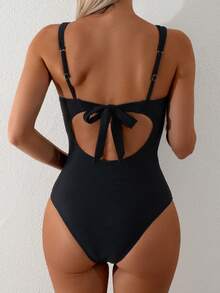 Swim Basics Áo tắm một mảnh màu trơn gợi cảm, ôm sát, buộc dây cổ, bán chạy nhất dành cho nữ, thích hợp đi biển, nghỉ dưỡng, thanh lịch, ngày Valentine. - màu đen - Xem 2