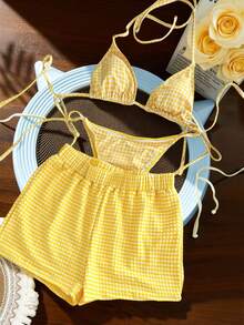 Swim Vcay Bộ bikini 3 món dành cho nữ, họa tiết kẻ caro retro, chấm bi và quần bơi kẻ sọc cho kỳ nghỉ phong cách Boho, Bohemian, trang phục tập gym, phong cách Y2K cổ điển, giản dị, dễ thương, ngọt ngào, retro, đồ bơi nữ mùa xuân hè, trang phục đi biển, trang phục thời trang, trang phục ngày Quốc khánh 4 tháng 7, đồ đi biển mùa hè - Màu vàng - Xem 3