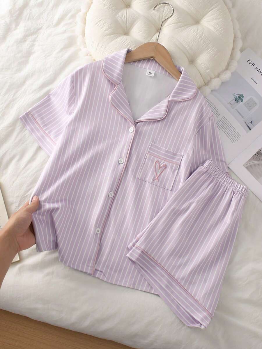 女童甜美可爱优雅休闲舒适柔软透气卡通条纹爱心刺绣针织开衫短袖上衣和短裤睡衣套装,2件套 - 彩色 - 查看 1