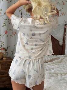 CottageSlumber Women's Cute Rabbit Print Round Neck Button Front Short Sleeve Pajama Set - Multicolor - View 2