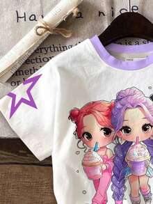 Young Girl Cartoon Print Round Neck Short Sleeve T-Shirt And Shorts Casual Daily Outfit - Multicolor - View 5