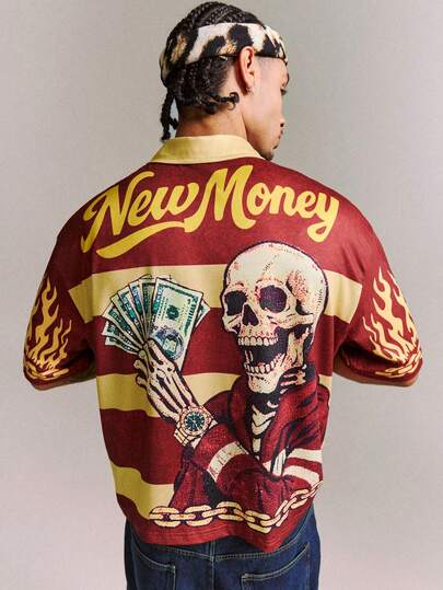 CRAVYNX Men's Summer Streetwear Burgundy Gold Beige Stripe Skull Holding Money Dollar Cash Gold Chain Fire Flame Graphic Print T-Shirt Vintage Gothic Hip Hop Punk Rock New Money Letter Slogan Festival Rave Concert Club Party Going Out Oversized Loose Fit Crew Neck Short Sleeve Dark Art Tee Top,Men's Letter & Skull Print Short Sleeve Casual Commuter Polo Shirt
