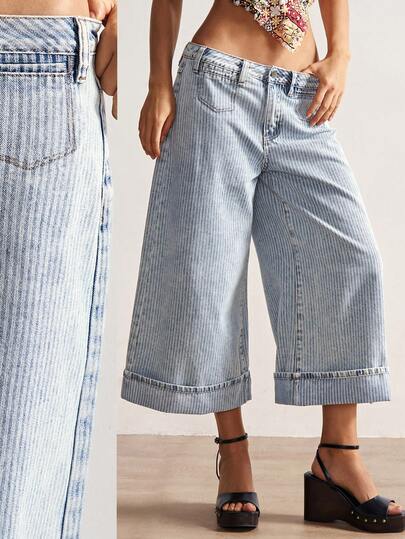 Bohemela Quần jeans nữ cỡ lớn, cạp thấp, kẻ sọc, xếp ly, ống rộng, quần jeans lửng màu xanh nhạt, thích hợp cho kỳ nghỉ hè, lễ hội, đi biển, du lịch.