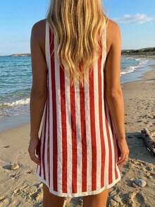 Veykashi Vacation Style Contrast Color Red & White Striped Pattern Women Casual Minimalist Retro Striped Fish Hem Mini Dress, Suitable For Summer - Red and White - View 3