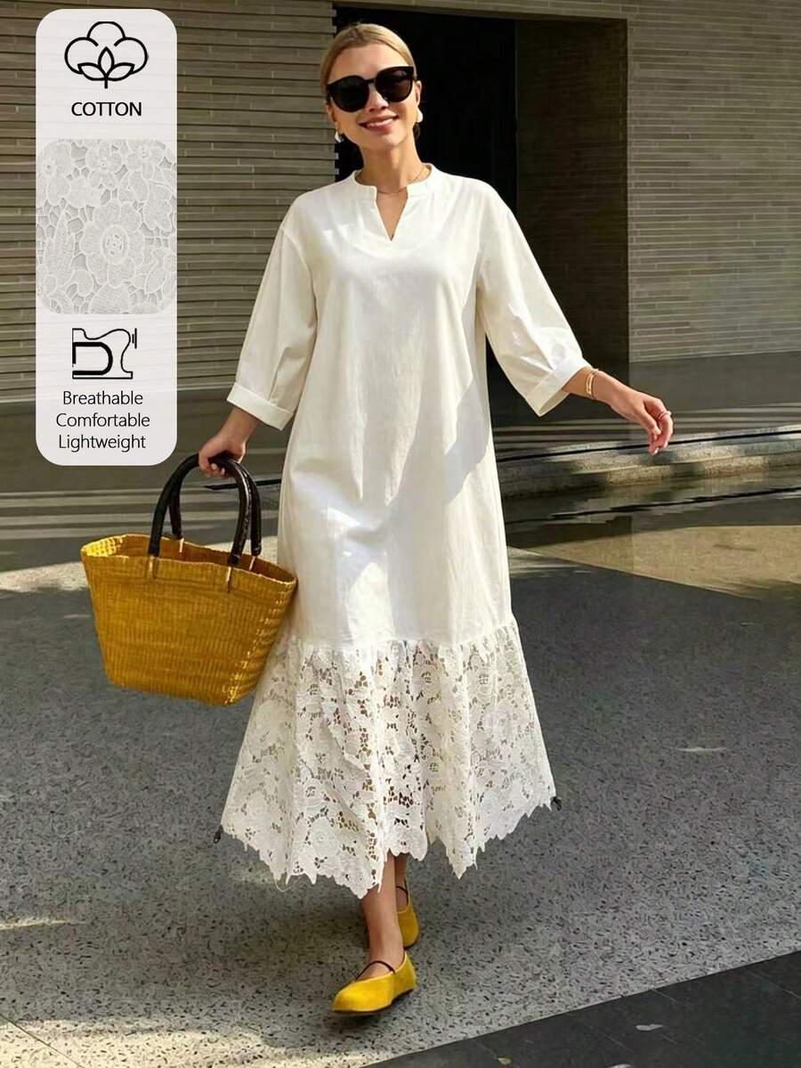 Al Najma Vestido blanco con escote en V, bordado y parches, para primavera/verano