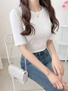 Dazy-Less Solid Round Neck Tee Old Money Style Preppy Tops Business Casual Woman Work Clothes - White - View 7
