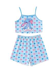 Elladie kids 【随机2套，共5套】女童甜美可爱优雅休闲舒适柔软亲肤春夏针织面料多色卡通兔子、爱心、花卉印花、涂鸦无袖吊带背心和短裤睡衣四件套 - 彩色 - 查看 11
