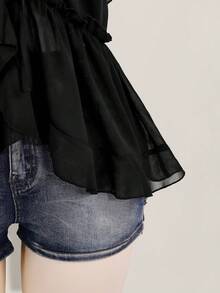 SHEIN ICON 大码女式荷叶边雪纺纯色吊带背心，优雅约会之选。 - 黑色 - 查看 4