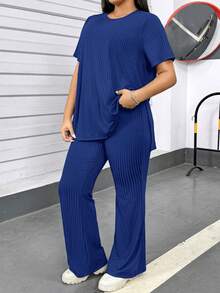 SHEIN Essnce Damen Mode Große Größen Frühling und Sommer Lässiger Sport Komfort Hoch Elastisch Schwarz Grundlegender Stil mit Taschen Tägliches Kurzarm T-Shirt und Hose Zweiteiler Set, Flughafen Outfit für Damen, Hosenanzug, Streetwear, Kirchenkleidung für Damen, Loungewear für Damen, Y2K Kleidung, Sommer Outfits für Damen - Königsblau - Übersicht 3