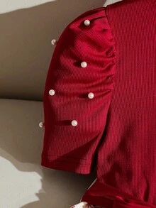 青少年女孩黑色花卉泡泡袖黑色洋裝 返校舞會禮服 萬聖節穿搭 秋季風格 - 酒紅色 - 查看 4