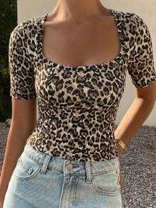 Camiseta de manga corta casual de mujer con cuello cuadrado y acanalado ajustada para el verano - Multicolor - Ver 3