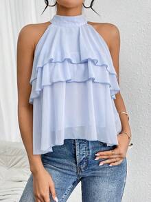 Firerie Loose Neck Ruffle Asymmetrical Chiffon Blouse,Summer Top - Baby Blue - View 4