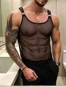 Manfinity Dauomo 男士网纱透视休闲上衣 - 黑色 - 查看 4