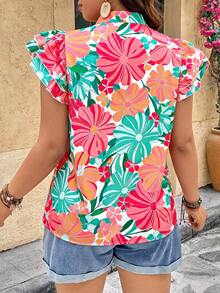 Breezaya Blusa con cuello en V, mangas con volantes y estampado floral para mujer talla grande - Multicolor - Ver 2