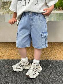 SHEIN Little Byeori Quần short kaki đen dáng rộng dành cho bé trai - Rửa nhẹ - Xem 4