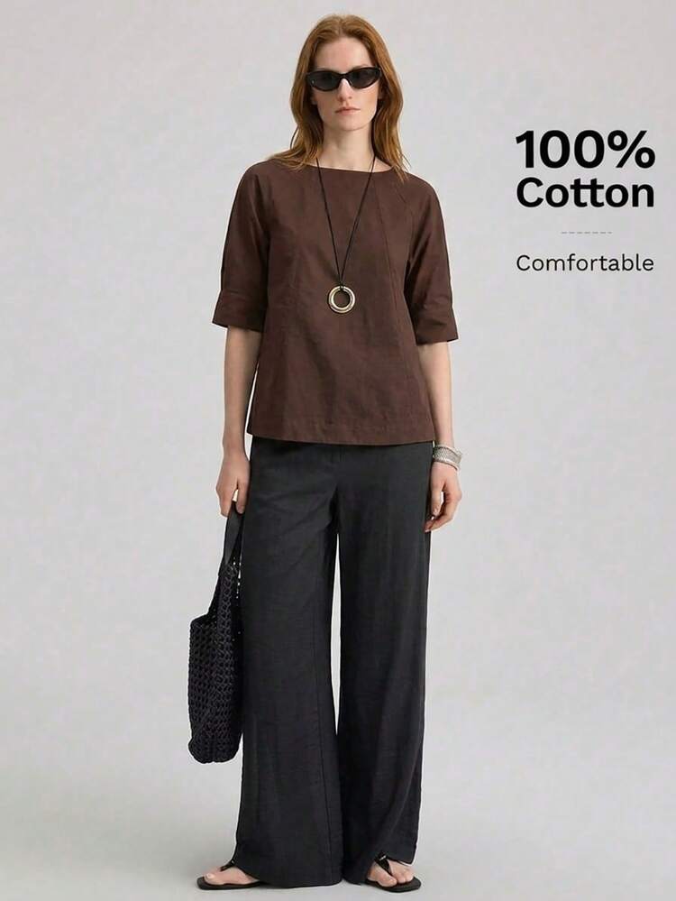2026SS New Women's Shirt, Back To School Outfit, Country Style, Office Casual, Date Night, Airport, Party Wear, Summer Solid Color Off-Shoulder Short Sleeve Casual Blouse, Woven Fabric, Suitable For Valentine's Day, Wedding Season, Wedding Guest Attire, Holiday Outfit, Romantic Valentine's Day, Stylish Design, Loose Fit, Spring/Summer, Beach Wear, Fashion Versatile Women's Blouse, Graduation Ceremony,Summer Top