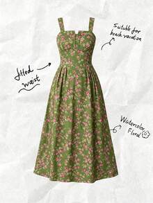 Elenzga Vestido de verano elegante con estampado floral y tirantes finos para mujer de talla grande, Día de San Valentín - Verde Oscuro - Ver 8