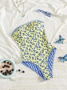 Swim Mod Baju Renang One-Piece Model Bandeau dengan Tali Bahu Tipis, Motif Bunga Seksi, dan Dapat Dibalik untuk Liburan Musim Panas bagi Wanita - MultiWarna - View 3