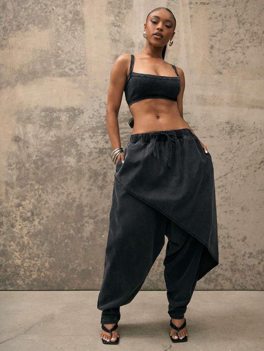 Denimoi Quần jeans ống rộng, phối nhiều lớp phía trước, thời trang đường phố. - màu đen - Xem 1