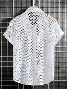 Manfinity Homme Áo sơ mi nam ngắn tay mùa hè, màu trơn, cài cúc phía trước, khoét lỗ (in họa tiết không đều) - trắng - Xem 2
