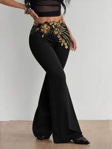 SHEIN ICON Quần ống loe bất đối xứng thêu sequin dành cho nữ, kiểu dáng retro, thích hợp cho kỳ nghỉ. - màu đen - Xem 3