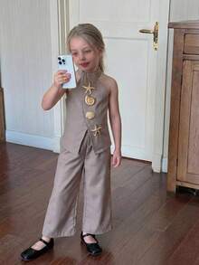 Travachic KIDS Young Girl Metal Decor Halter Top And Pants Casual Daily Outfit - Grey - View 6
