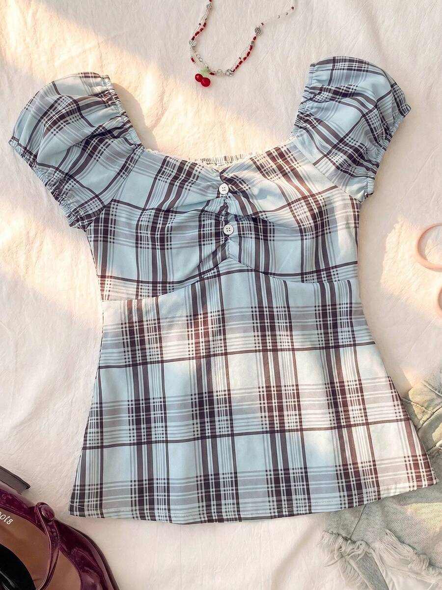 Tween Girl Casual Minimalist Comfortable Plaid Back Strap Shirt - Blue - View 1
