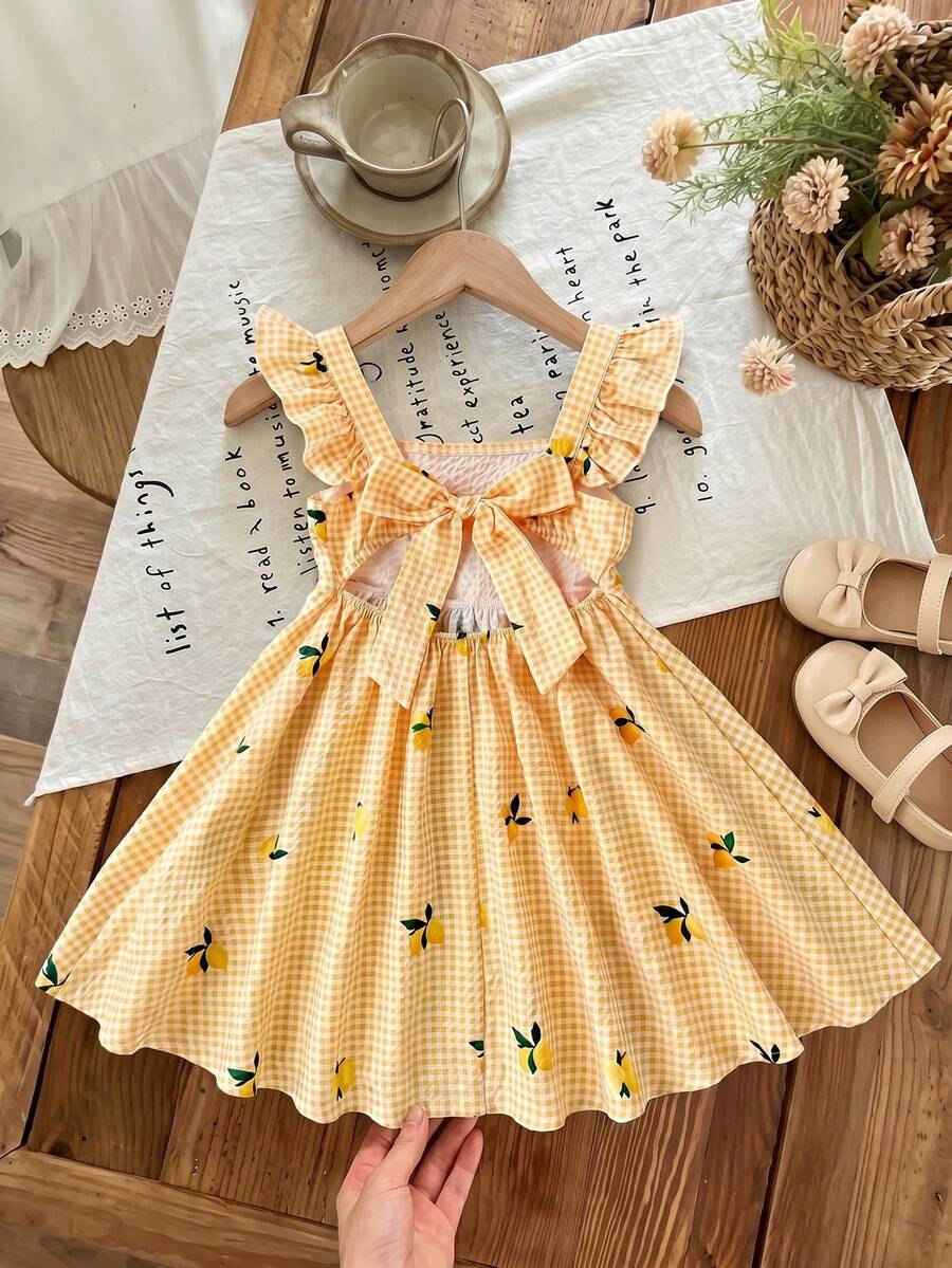 SHEIN Young Girl Woven Plaid Fruit Pattern Square Collar Ruffle Hem Casual Dress - Yellow - View 1