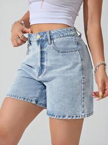 SHEIN Tall 女士休闲水洗牛仔短裤，夏季 - 淺色水洗藍 - 查看 6