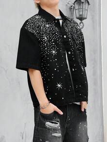 Manfinity EMRG Elegante top corto de mezclilla con estampado de gota estrellada - Negro - Ver 4