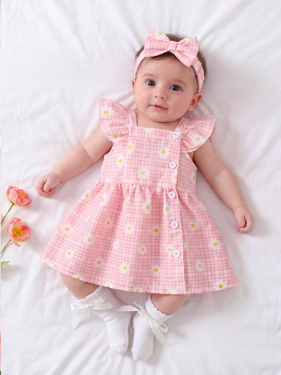 SHEIN Đầm hè cho bé gái sơ sinh, họa tiết kẻ caro hồng in hoa cúc, tay ngắn, dáng xòe công chúa, kiểu dáng ngọt ngào, hoàn hảo cho những buổi đi chơi và chụp ảnh. - Hồng - Xem 1