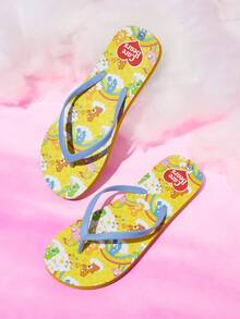 SHEIN X Care Bears 女款可愛卡通夾腳拖鞋，夏季穿著卡通彩虹印花防滑度假沙灘涼鞋 - 亮黃色 - 查看 2