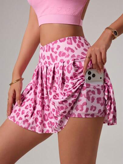 SHEIN Rhythm Era 大码女式豹纹口袋运动短裙