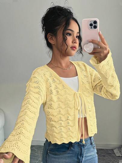 Firerie Kids Firerie Kids Tween Girl Hollow-Out Knit Cardigan, Comfortable & Versatile, Suitable For Home, Casual Outings, Beach Vacations, Parties, Soft Fabric, All-Season Wear, Air Conditioning, Sun Protection, Can Be Worn With Skirts