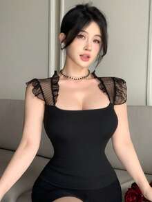 DAZY Áo croptop phối ren đen, thanh lịch cho ngày Valentine, đám cưới, tiệc tùng, các dịp trang trọng, thời trang, dáng ôm, áo sơ mi tay ngắn bằng vải lưới xuyên thấu dành cho nữ. - màu đen - Xem 7