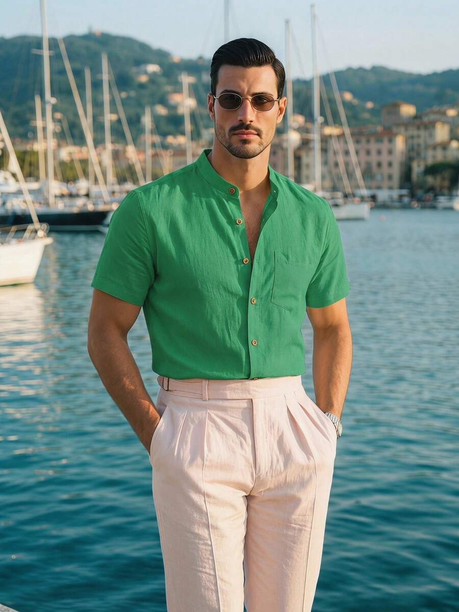 HIMLAND Men's Casual Emerald Green Summer Shirt,Cotton Short Sleeve Stand Collar Slim Fit Plain Shirts For Men,Vacation Holiday Letter Leather Patch Decor - Green - View 1