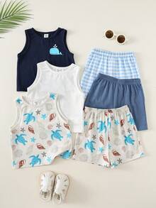 SHEIN 6pcs/Set Baby Boy Cute Summer Vacation Casual Knit Cartoon Sea Turtle&Ocean Pattern Plaid Vest&Elastic Waist Shorts Set,Adorable - Multicolor - View 3