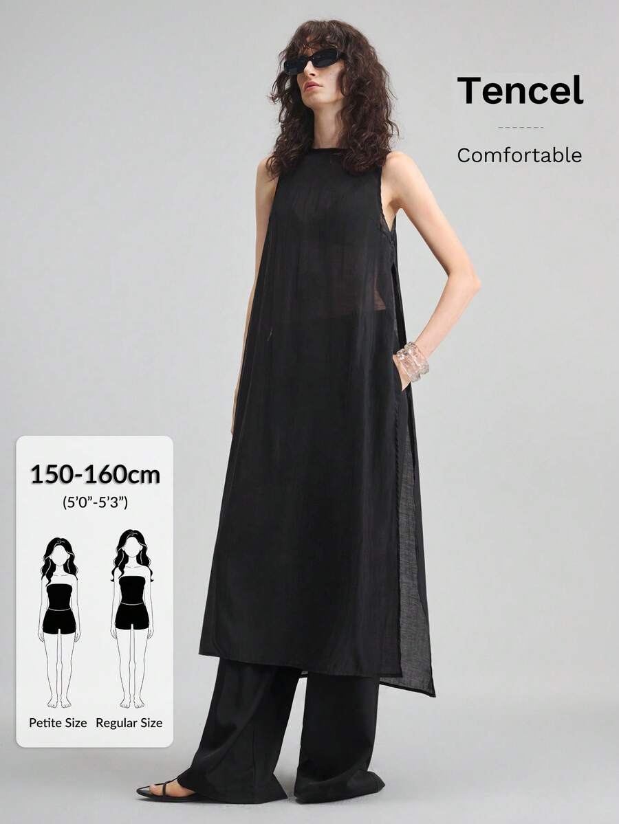 Ontre Petite 2026新款女士夏季宽松纯黑色长款吊带背心,带开衩和纽扣,适合教师和夜店穿着 - 黑色 - 查看 1