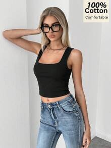 Siren Gaze Áo tank top nữ cổ vuông, kiểu dáng thường ngày, màu trơn, đa năng. - màu đen - Xem 4